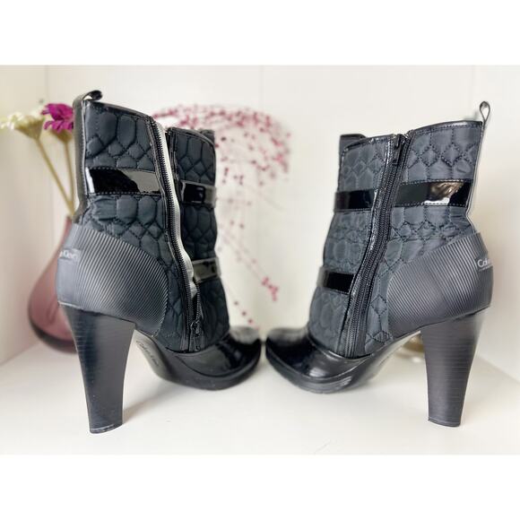 Calvin Klein Diamond Quilted Nylon Leather Trim Heeled Ankle Booties Black 8.5 - Picture 3 of 15